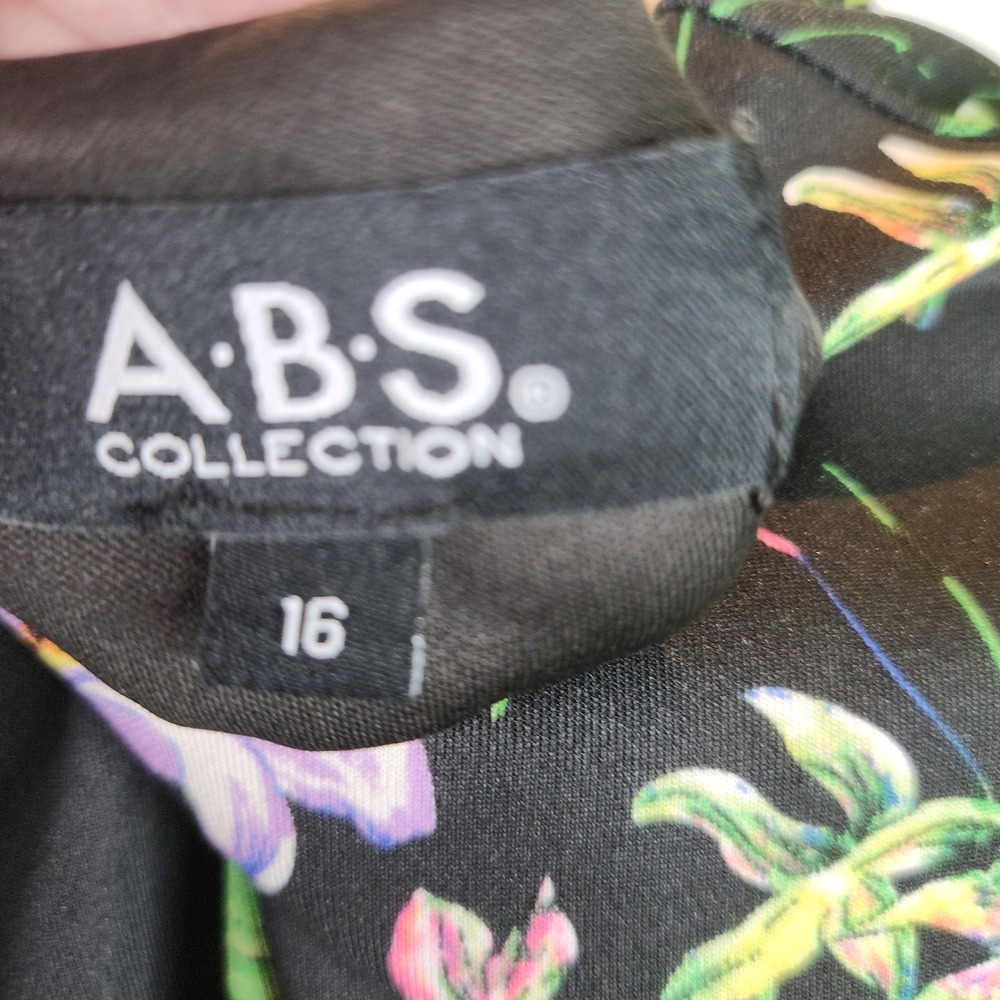 ABS Collection Black Floral V-Neck Flutter Sleeve Shift Lined Dress 16 Wedding - Picture 7 of 9